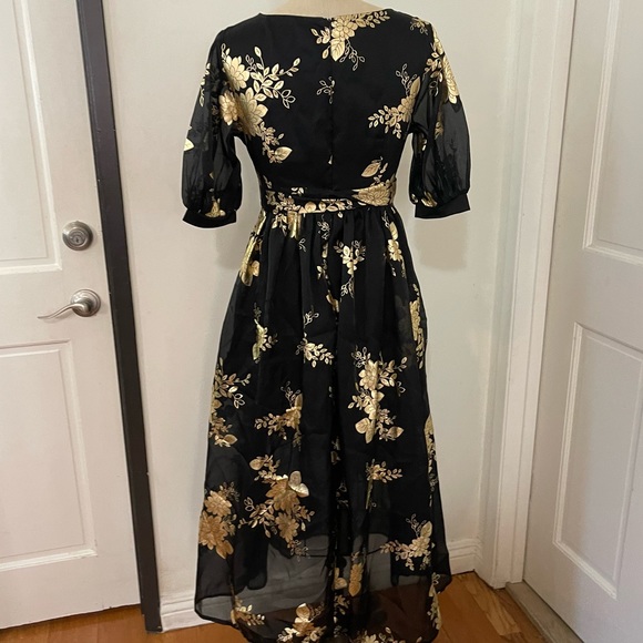 SHEIN Modely Gold Floral Print Lantern Sleeve Belted Dress Size S - Picture 9 of 12